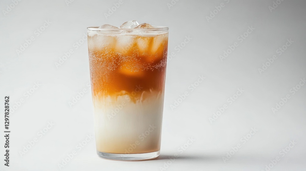 A refreshing glass of iced milk tea with condensation on the outside, placed on a white background, highlighting the chilled and refreshing nature of the drink. A refreshing glass of iced milk tea with condensation on the outside, placed on a white background, highlighting the chilled and refreshing nature of the drink.