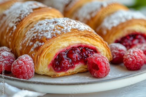 Freshly Baked Raspberry Croissants on a Plate With Powdered Sugar and Fresh B...