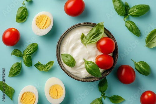 Fresh Salad With Basil, Tomatoes, and Boiled Eggs on a Light Blue Background