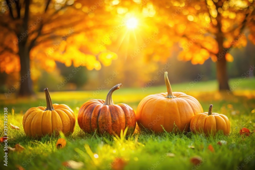 Autumnal gourds bask in the warm glow of a setting sun, nestled amongst vibrant fall foliage and verdant grass.