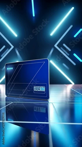 Wallpaper Mural Blue credit card, debit or bonus card on the scene. concept of consumer on dark background. Gift for holiday birthday, zoom out, rotation Torontodigital.ca