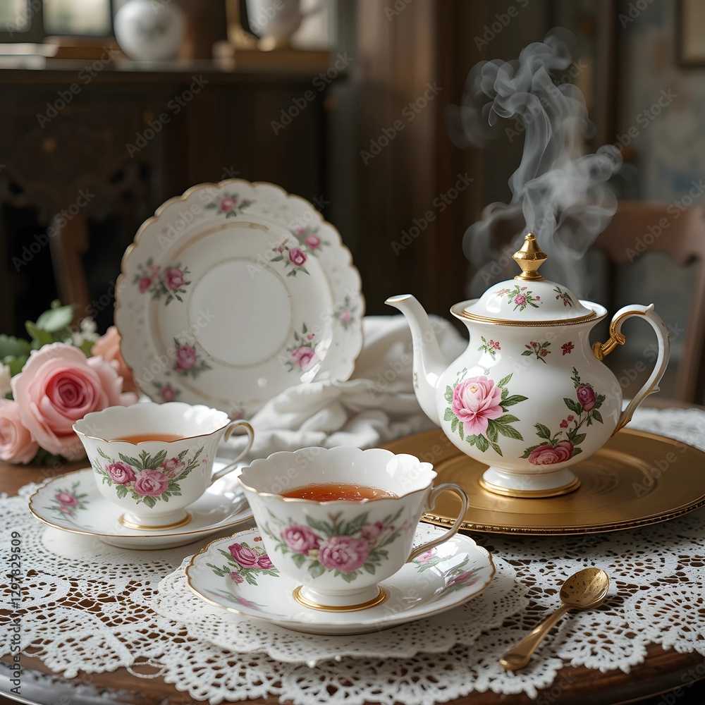 Fototapeta premium Vintage tea party, Floral china plates, lace doilies, and a gold cake board beside a steaming rose-infused teapot.