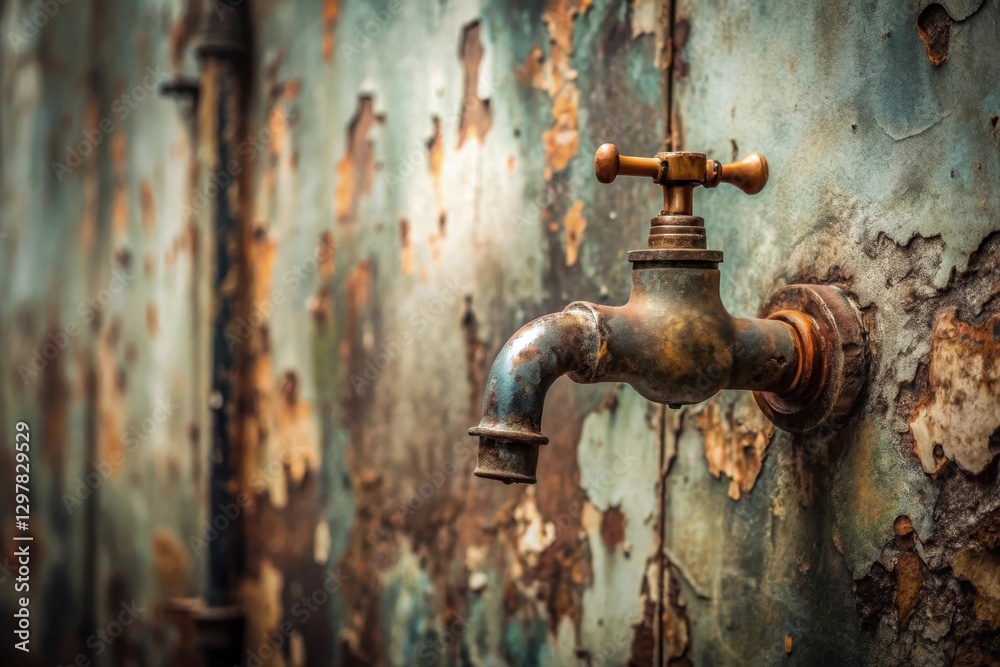 A weathered, aged faucet affixed to a decaying, rust-covered metallic surface, showing the passage of time and elements A weathered, aged faucet affixed to a decaying, rust-covered metallic surface, showing the passage of time and elements