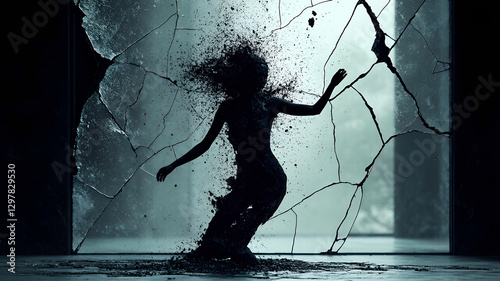The human form of black matter dances in the broken mirror, concept design, 300dpi, illustration, mental health and states of mind