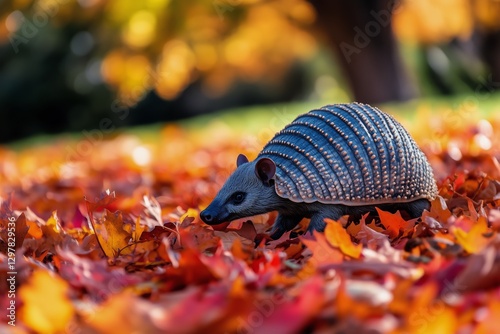 Armadillo Foraging in Colorful Autumn Leaves During a Sunny Day