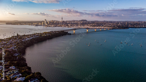sunset over the Auckland harbour, aerial photo  photo