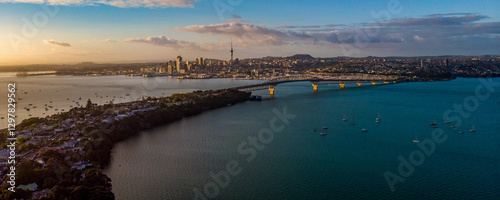 sunset over the Auckland harbour, aerial photo 