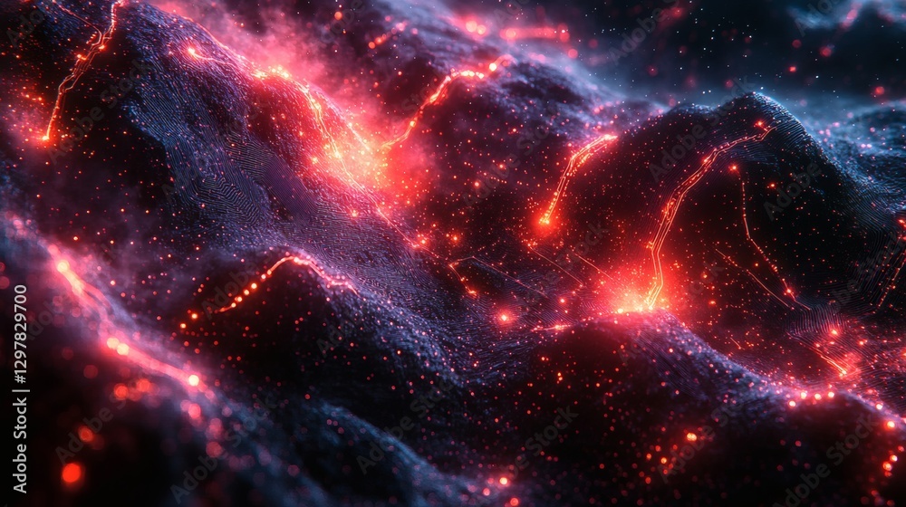 Obraz premium Abstract Fiery Particle Landscape Red Orange Glowing Embers on Dark Backgrounds and Shapes. Art Design Concept. Digital Visual. Illustration. Graphic. Creative Artwork. Abstract Art. Abstract