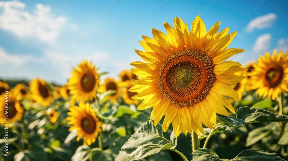 A vibrant field of sunflowers in full bloom under a clear blue sky, with golden petals stretching toward the sun and a few clouds floating in the background. A vibrant field of sunflowers in full bloom under a clear blue sky, with golden petals stretching toward the sun and a few clouds floating in the background.