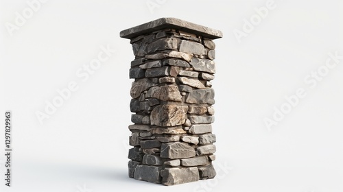 A small, detailed stone tower with weathered stones and a rustic finish, placed on a white background, showcasing its texture and architectural details in high definition.