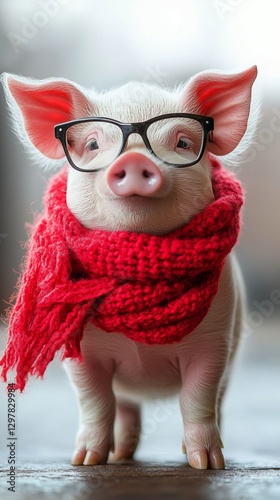 Pig Wearing Glasses and a Scarf at a Cozy Outdoor Setting During Autumn