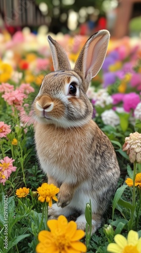 Cute Rabbit Exploring Colorful Flowers in a Vibrant Garden During Springtime