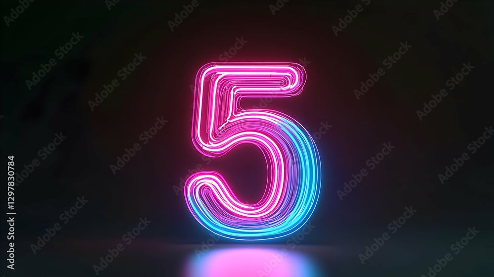 Neon Number Five Illuminated In Blue And Pink Light On Dark Background Neon Number Five Illuminated In Blue And Pink Light On Dark Background