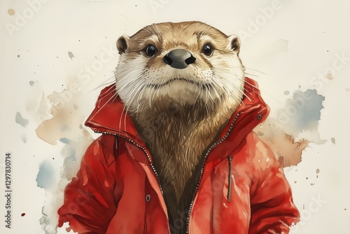 Cute Otter Wearing a Red Jacket Poses With a Cheerful Expression in a Colorfu...
