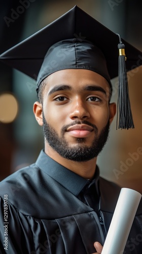Young Man in Graduation Cap and Gown Holding Diploma in Academic Setting