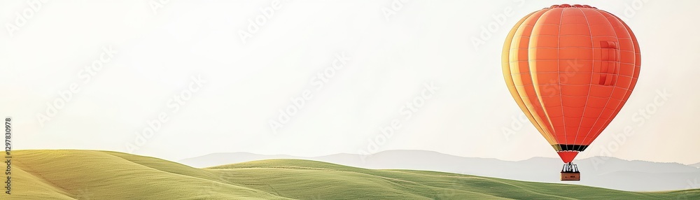 Naklejka premium Embracing Summer Vibes: Warmth Positivity and Sunshine Energy, A vibrant hot air balloon floats over rolling green hills during a serene sunrise.