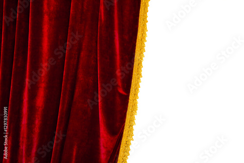 Thick red velvet curtain with gold lining isolated on white background, 300dpi