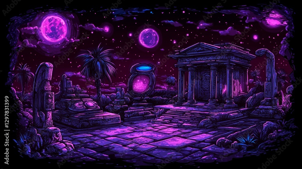 Obraz premium Celestial dreamscape with ethereal orbs shimmering lights and ancient stone formations evoking mystery and fantastical exploration