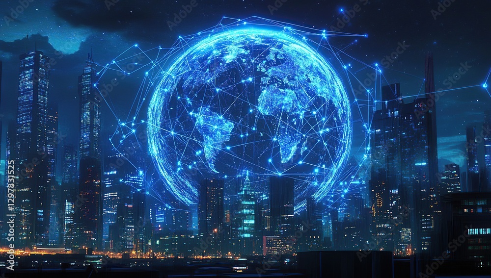 Fototapeta premium Futuristic Cityscape with Glowing Digital Globe at Night