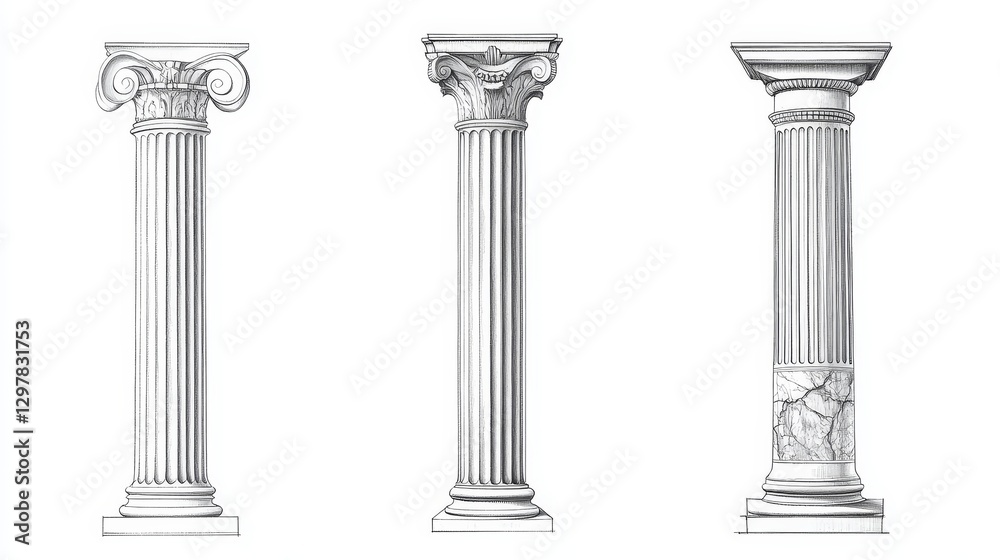 Elegant Greek pillars in various styles: Doric, Ionic, and Corinthian. Elegant Greek pillars in various styles: Doric, Ionic, and Corinthian.