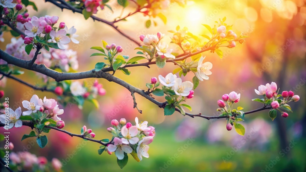 A breathtaking springtime scene showcasing delicate blossoms on a branch bathed in warm sunlight, exhibiting a vibrant array of colors and textures, creating a feeling of serenity and renewal. A breathtaking springtime scene showcasing delicate blossoms on a branch bathed in warm sunlight, exhibiting a vibrant array of colors and textures, creating a feeling of serenity and renewal.