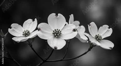 A botanical study in black and white, this image showcases dogwood blossoms in sharp focus with a blurred background and natural lighting