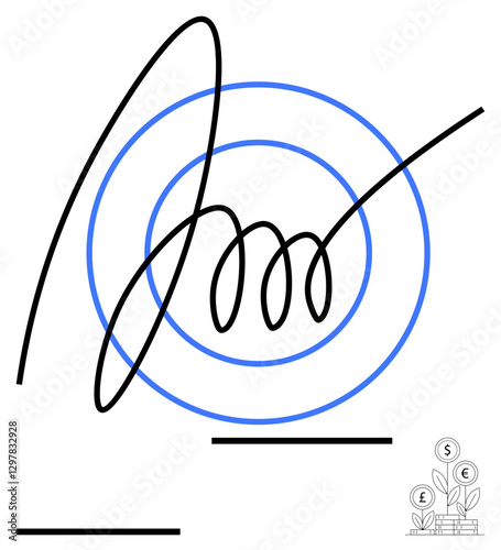 Curled black line crossing concentric blue circles, minimal growth plant with currency symbols, horizontal bars. Ideal for finance, growth, goals, creativity, balance, strategy abstract line flat