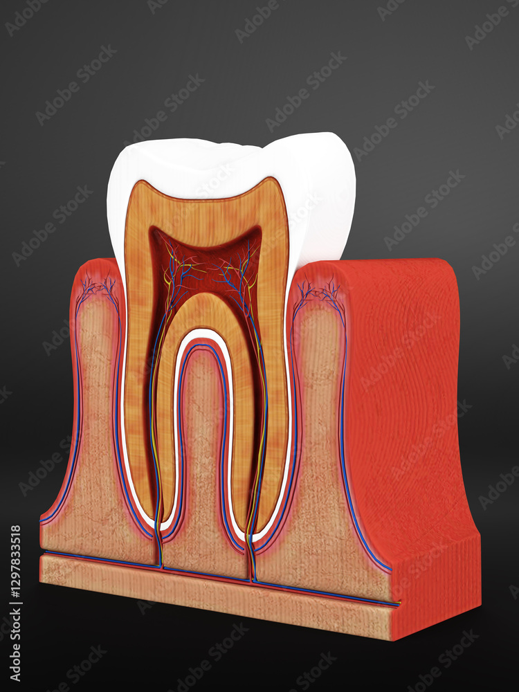 Cross-section of a human tooth showing internal anatomy, including enamel, dentin, pulp, and root. Detailed medical illustration for educational and dental use Cross-section of a human tooth showing internal anatomy, including enamel, dentin, pulp, and root. Detailed medical illustration for educational and dental use