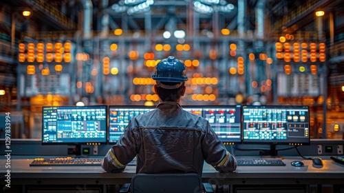 Engineer monitoring industrial control system, multiple screens displaying data, factory background.