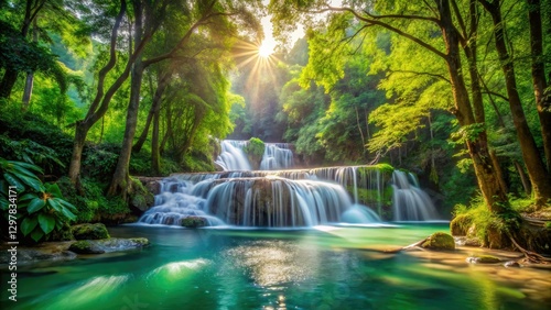 Tropical waterfall plunges into a lush river, a vibrant paradise scene in nature.