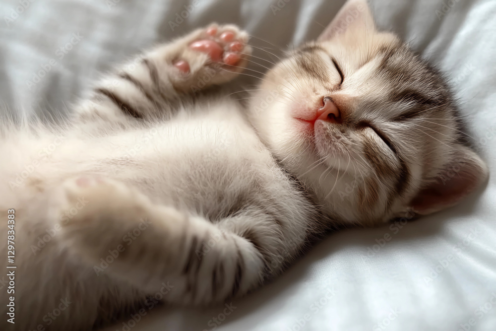 Tiny Cute Kitten Sleeping on Its Back, Adorable Feline Relaxing, Peaceful Cat Nap, Fluffy Kitten Resting in Comfortable Position, Sweet Animal Behavior Tiny Cute Kitten Sleeping on Its Back, Adorable Feline Relaxing, Peaceful Cat Nap, Fluffy Kitten Resting in Comfortable Position, Sweet Animal Behavior