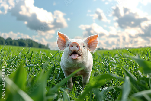 small white pig standing in green field, playfully sticking out its tongue. bright sky and fluffy clouds create cheerful atmosphere