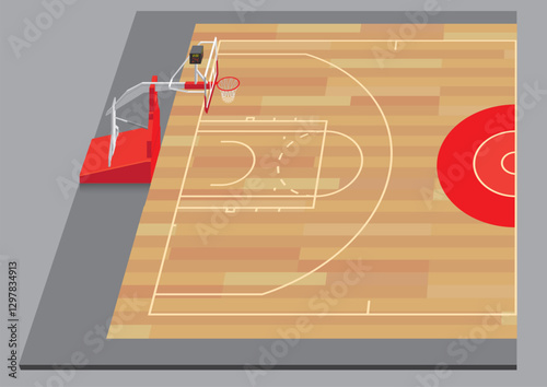 a hard wood basketball half court from side with basketball ring hood