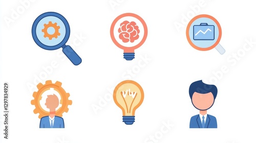 Icons to represent job hunting: magnifying glass, gear, puzzle piece, light bulb, human head with brain inside, location, user in business suit