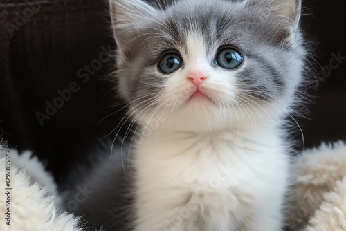 Tiny cute gray and white kitten sitting on a soft blanket, adorable, playful, furry pet, looking curious, close-up shot, fluffy, sweet cat, domestic animal