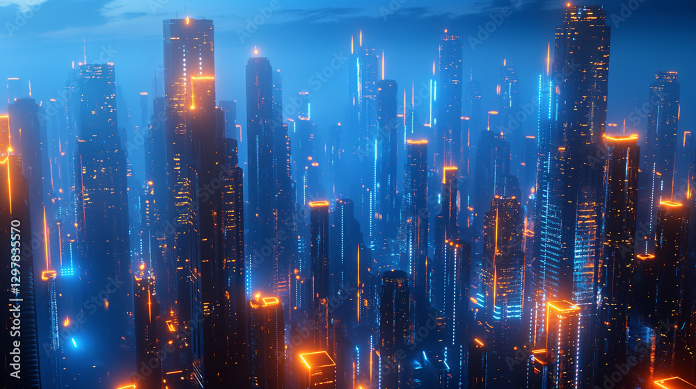 Fototapeta premium glowing city skyline at night, neon lights reflecting on glass buildings