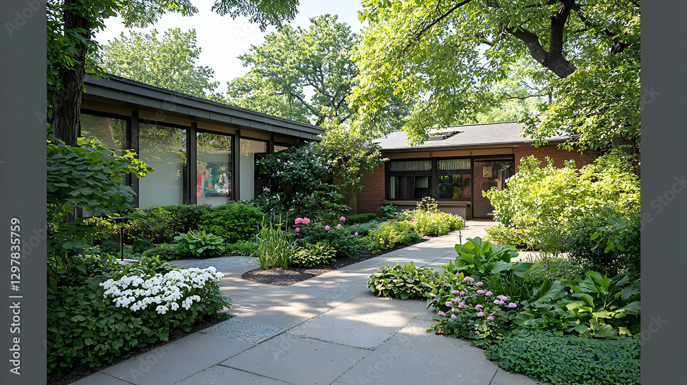 Naklejka premium Lush Green Garden And Pathway Leading To A Modern House Exterior With Sunny Day Light