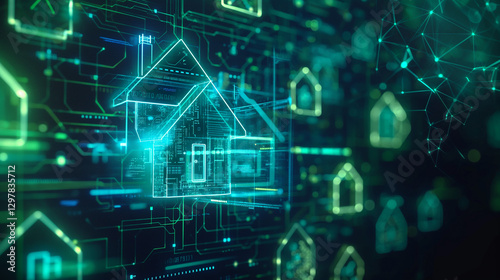 glowing blue and green digital network, real estate concept with holographic house icons