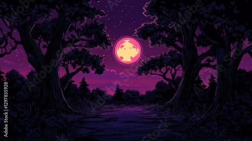 Pixelated nocturne landscape digital art twilight ambience ethereal moonlit woods pixel graphics for retro game aesthetic background