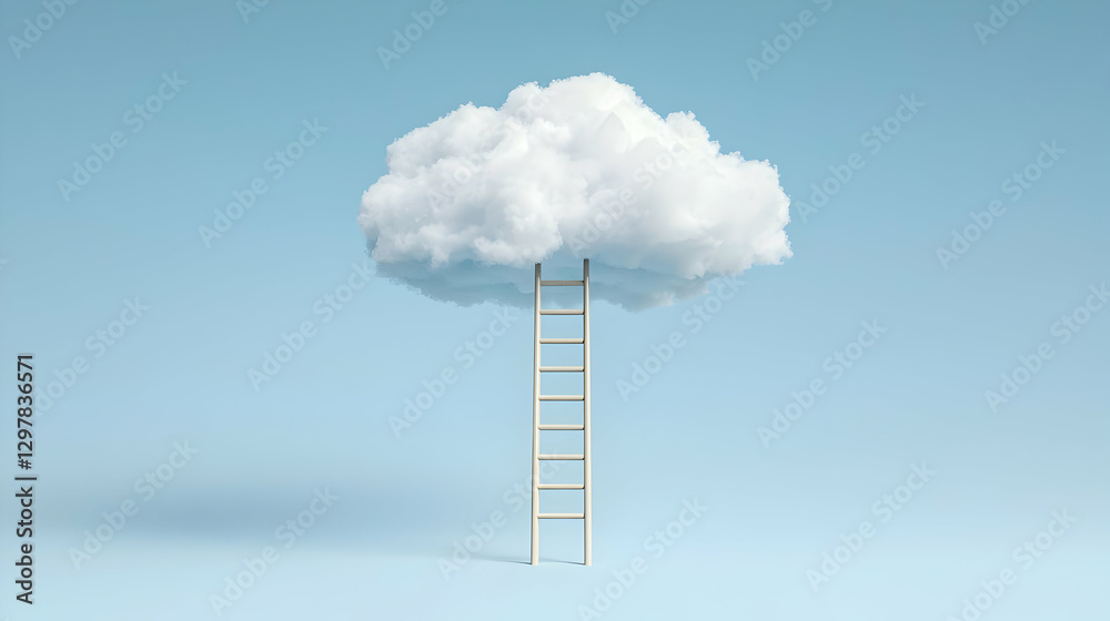 White Cloud Above Wooden Ladder On Blue Background Representing Concept Of Growth Success And Aspiration White Cloud Above Wooden Ladder On Blue Background Representing Concept Of Growth Success And Aspiration