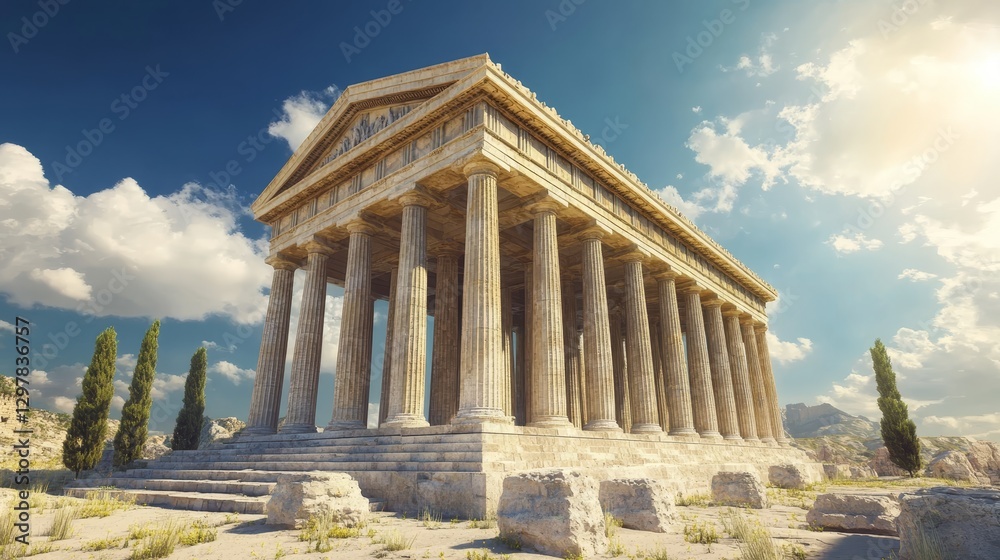 Fototapeta premium Majestic ancient temple with pillars, resembling the famous Parthenon. An iconic symbol of Roman and Greek architecture, evoking the grandeur of the Roman Empire and the artistic legacy of Greece.