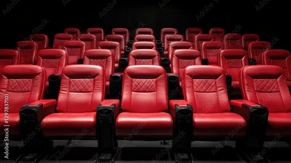 Naklejka premium Empty rows of red seating create a serene atmosphere in the movie theater.