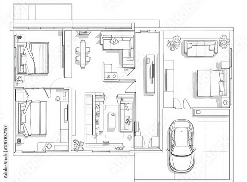 Two bedroom home floor plan with garage, interior design, modern architecture