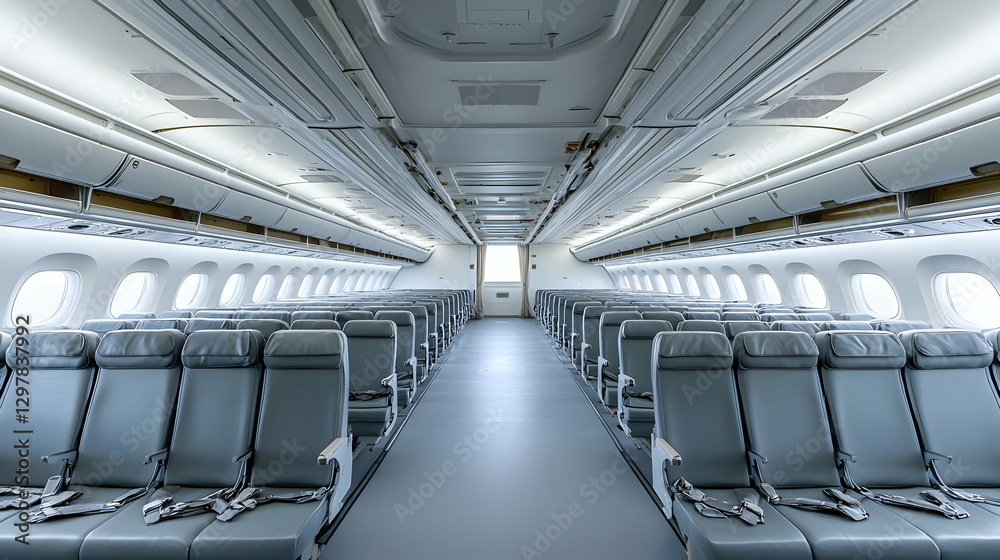 Naklejka premium Empty Aircraft Interior Showing Rows Of Seats And Overhead Compartments With Natural Light Entering From The Windows