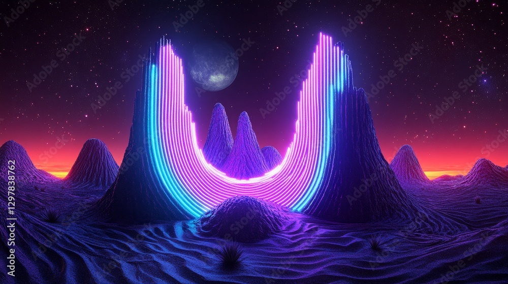 Fototapeta premium Synthwave styled otherworldly landscape with glowing mountains against a stellar sky creating a retro futuristic atmosphere
