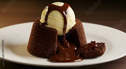 Small, round chocolate lava cake with a gooey, molten center, topped with a scoop of creamy vanilla ice cream