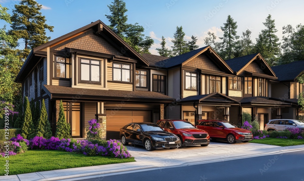 Modern townhomes, sunny day, forested neighborhood, rendering