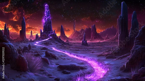 Ethereal landscape with glowing pathways abstract fantasy world horizon and digital art alien terrain cosmic vista background