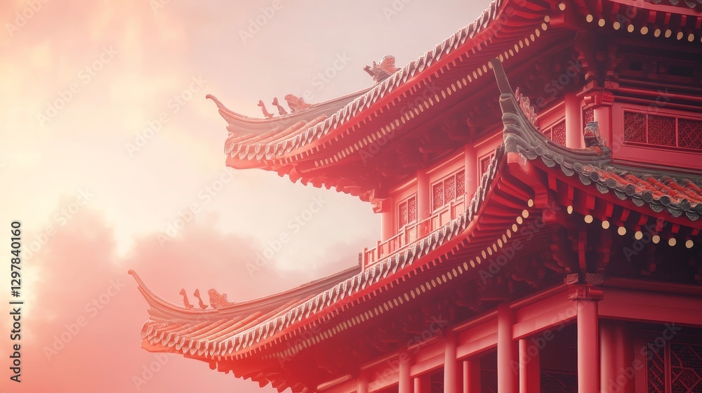 Red temple with a bamboo roof in traditional Chinese style. China and Japan mascot, pagoda castle with columns and Japanese house. Copy space. Ancient oriental palace, decorative pavilion Red temple with a bamboo roof in traditional Chinese style. China and Japan mascot, pagoda castle with columns and Japanese house. Copy space. Ancient oriental palace, decorative pavilion