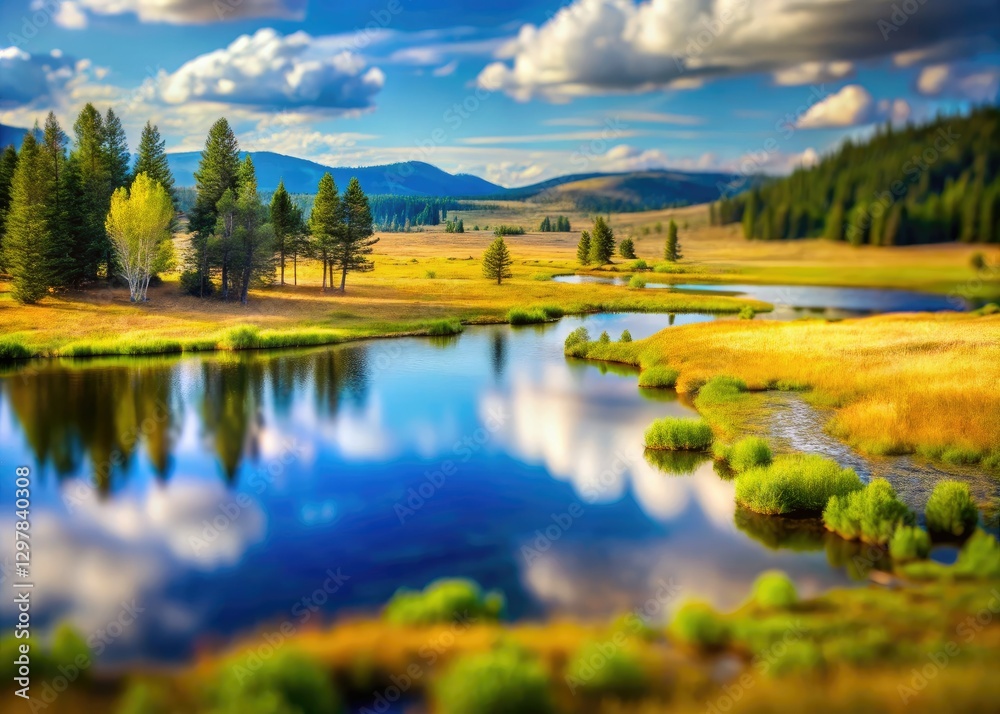 Fototapeta premium Yellowstone's Lamar Valley: a mesmerizing tilt-shift timelapse sweeps across a serene pond, capturing miniature wonder.
